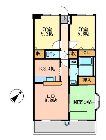 グランディール高野台(3LDK/2階)の間取り写真