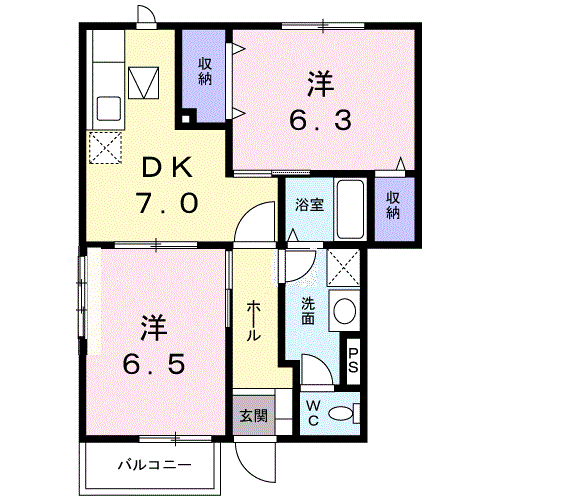 ベルフラワーD(2DK/1階)の間取り写真