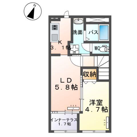 つくば市高見原 (1LDK/2階)の間取り写真