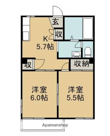 サニーサイドコートC(2K/1階)の間取り写真