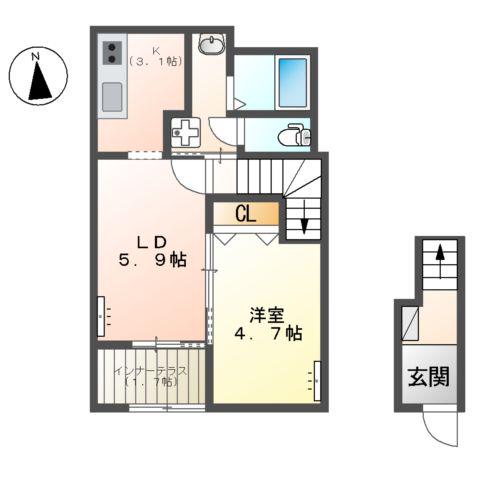 館林市朝日町アパート(1LDK/2階)の間取り写真