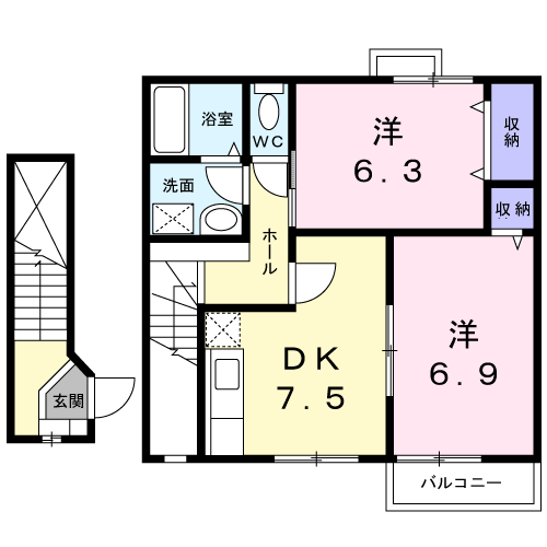 ヴィラ桜B(2DK/2階)の間取り写真