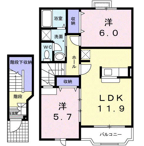 サニースクエアB(2LDK/2階)の間取り写真