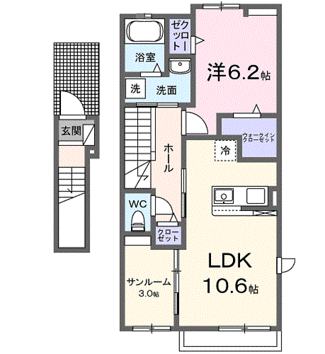 カーサ・紫木蓮(1LDK/2階)の間取り写真