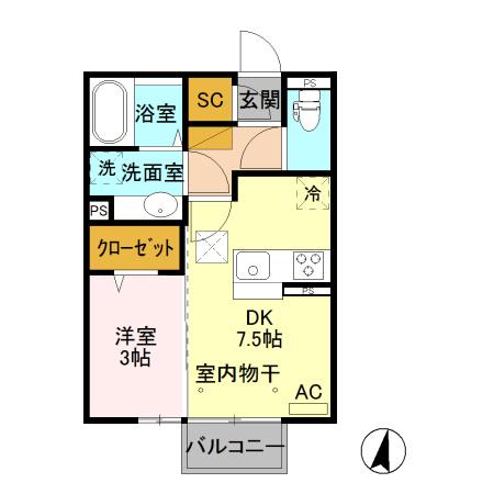 アルファベットⅡ(1DK/1階)の間取り写真