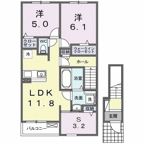 カレント レジデンス 下増田Ⅰ(2LDK/2階)の間取り写真