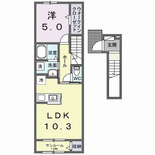 ミルホイール1(1LDK/2階)の間取り写真