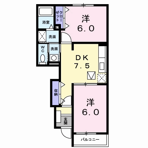 マルベリーパーク(2DK/1階)の間取り写真