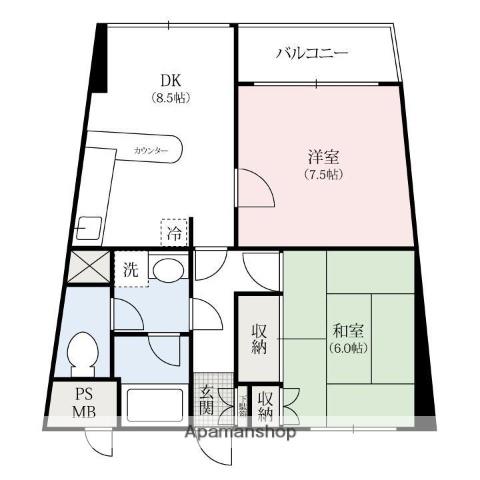 朝日プラザ高崎観音山Ⅱ(2DK/1階)の間取り写真