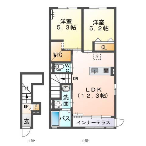 ユニヴァリィ エミ(2LDK/2階)の間取り写真