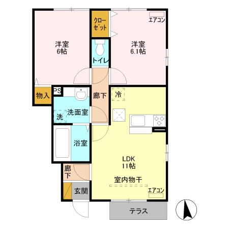 ブライトガーデン B(2LDK/1階)の間取り写真