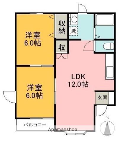 ウィステリアⅡーB(2LDK/2階)の間取り写真