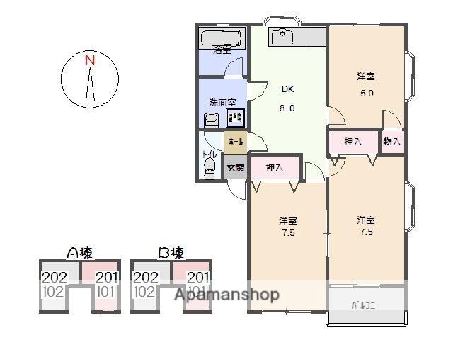 ローリング・メドーB(3DK/2階)の間取り写真