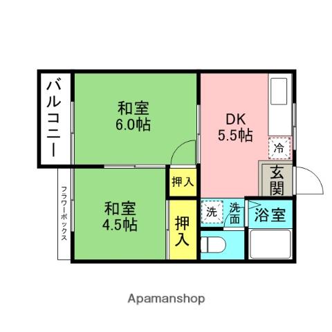 ベルゾーネ一柳(2DK/2階)の間取り写真