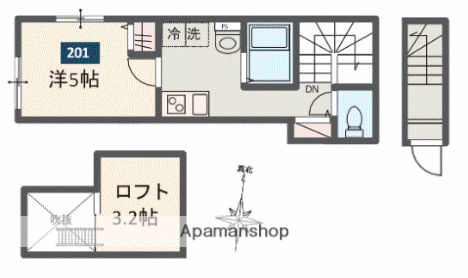 MELDIA一ノ割(1K/2階)の間取り写真