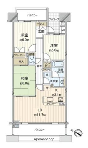 リーデンススクエアさいたま新都心クイントファース(3LDK/7階)の間取り写真