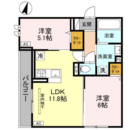 NOBLE PALAIS 針ヶ谷(2LDK/2階)の間取り写真