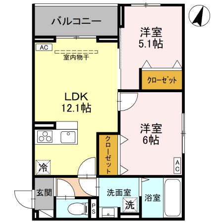 NOBLE PALAIS 針ヶ谷(2LDK/2階)の間取り写真