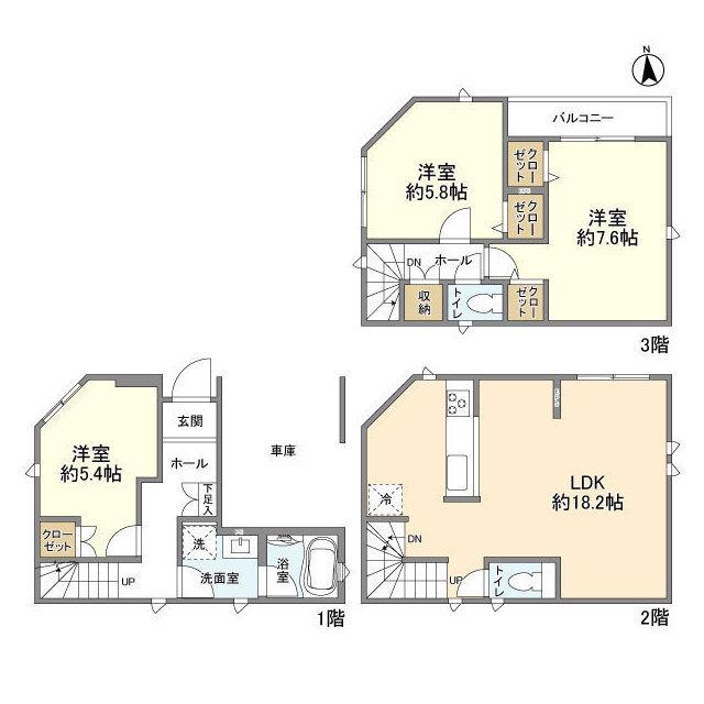 武蔵野線 西浦和駅 徒歩8分 3階建 築2年(3LDK)の間取り写真