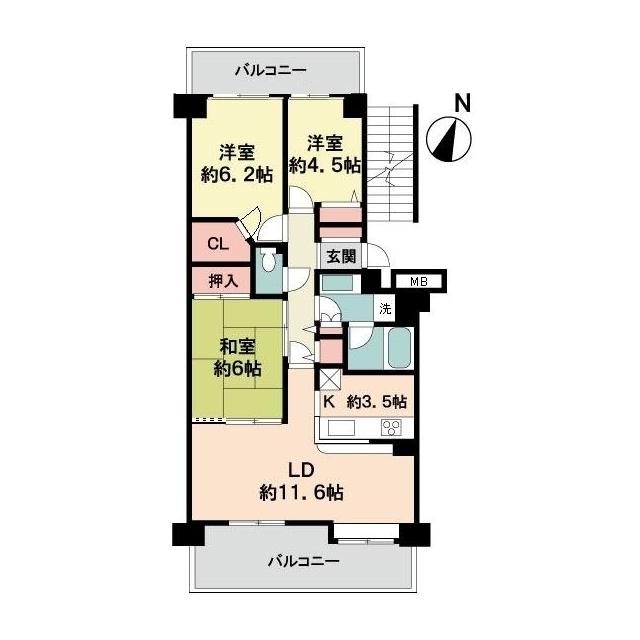 ヴィルヌーブ南浦和サウスコート 206(3LDK/2階)の間取り写真