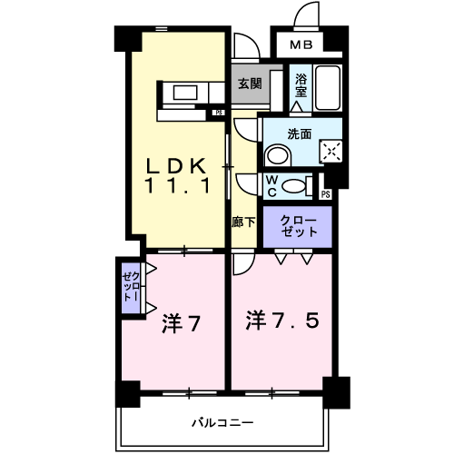 ソーニ・ドゥ・オーロ(2LDK/4階)の間取り写真