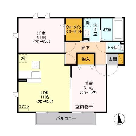 ラフレ仲道F(2LDK/1階)の間取り写真