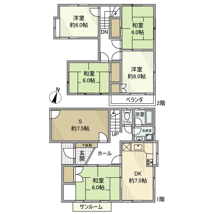 東武鉄道東上線 志木駅 バス乗車時間：19分 宗岡バス停で下車 徒歩6分 2階建 築44年(5SDK)の間取り写真