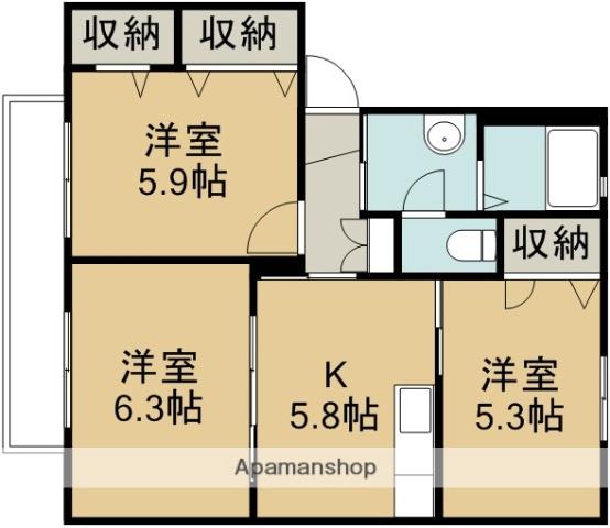 グレイスタウンD棟(3K/2階)の間取り写真