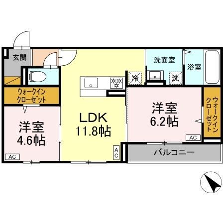 D-ROOM都賀2丁目IIーB棟(2LDK/2階)の間取り写真