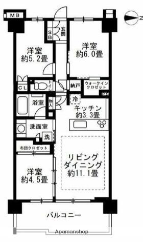 ル・サンク津田沼(3SLDK/6階)の間取り写真