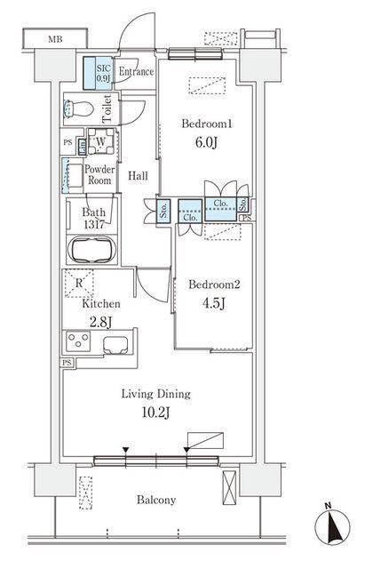 スカイグランデ津田沼(2LDK/2階)の間取り写真