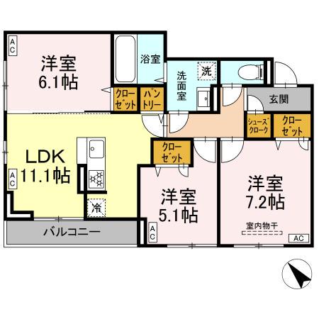 D-ROOM都賀2丁目IIーA棟(3LDK/3階)の間取り写真