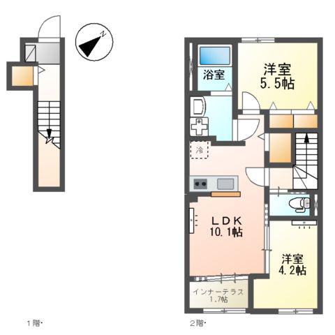 八街市八街に アパートⅡ期工事(2LDK/2階)の間取り写真