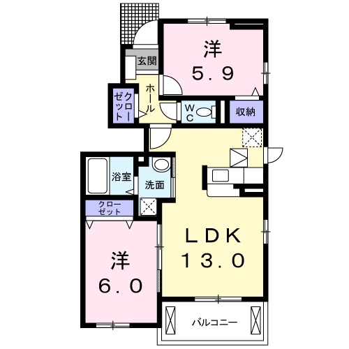 ウエスト ウッド(2LDK/1階)の間取り写真