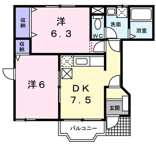 カフリーィエA棟(2DK/1階)の間取り写真