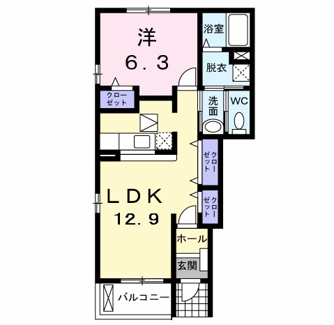 フォーリーフC(1LDK/1階)の間取り写真