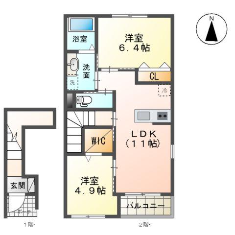 グリーンルーム(2LDK/2階)の間取り写真
