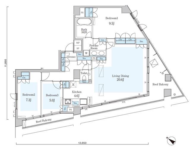オーキッドレジデンス六本木(3LDK/14階)の間取り写真