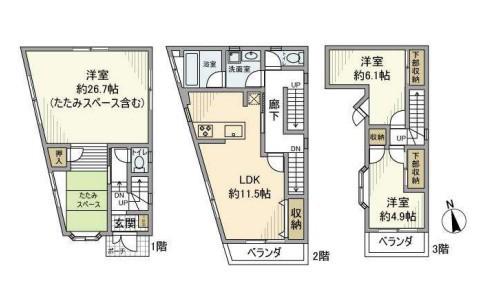 東京都新宿線 大島駅(東京) 徒歩7分 3階建 築26年(3LDK)の間取り写真