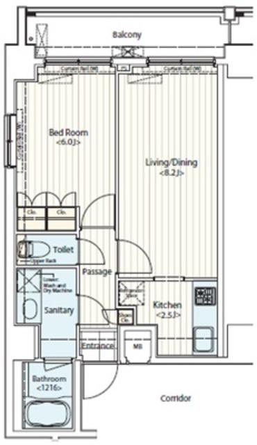 ドゥーエ新富町(1LDK/8階)の間取り写真