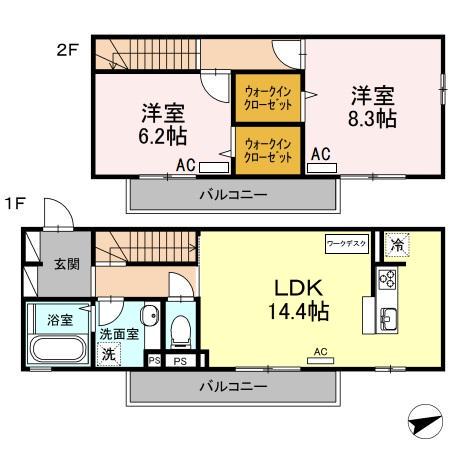 ディアコート本木(2LDK/2階)の間取り写真