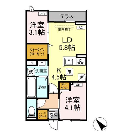 セレスティア白鳥(2LDK/1階)の間取り写真