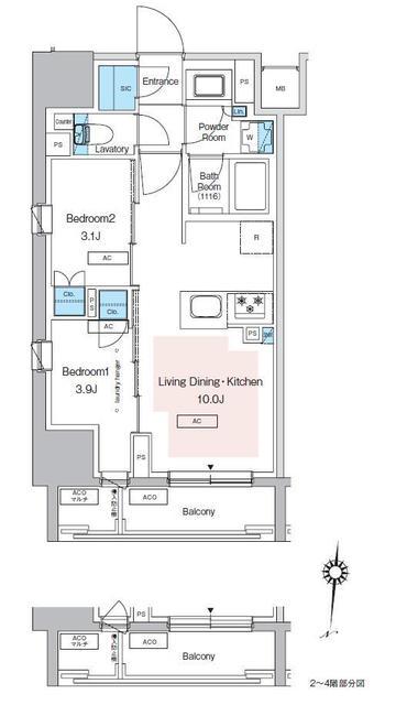 プレディアコート錦糸町スカイビュー(2LDK/14階)の間取り写真