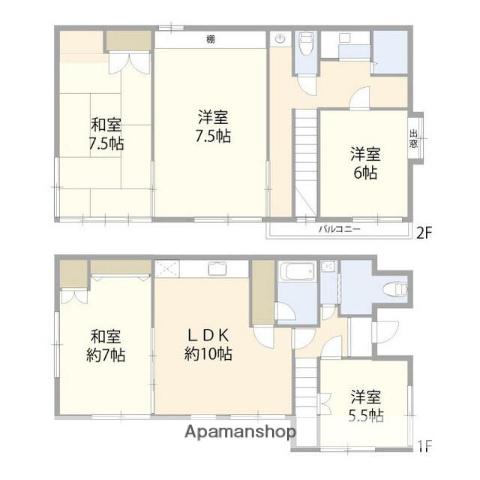 西武鉄道多摩川線 新小金井駅 徒歩6分 2階建 築65年(5LDK)の間取り写真