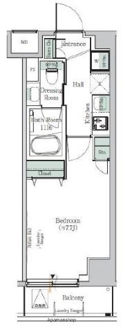 ONE ROOF RESIDENCE KIBA ウエスト(1K/2階)の間取り写真