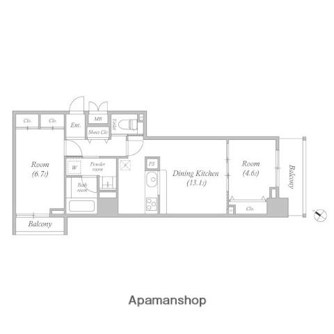 クオリタス日本橋浜町(2DK/2階)の間取り写真