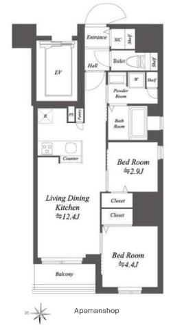 ドゥーエ亀戸Ⅱ(2LDK/4階)の間取り写真