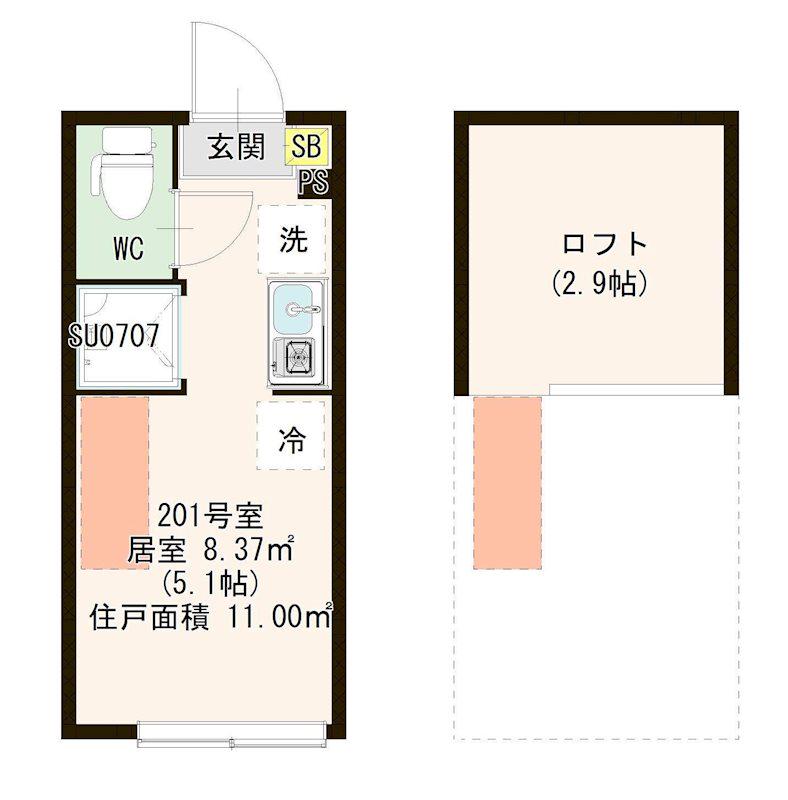 ハーモニーテラス平井Ⅸ(ワンルーム/2階)の間取り写真