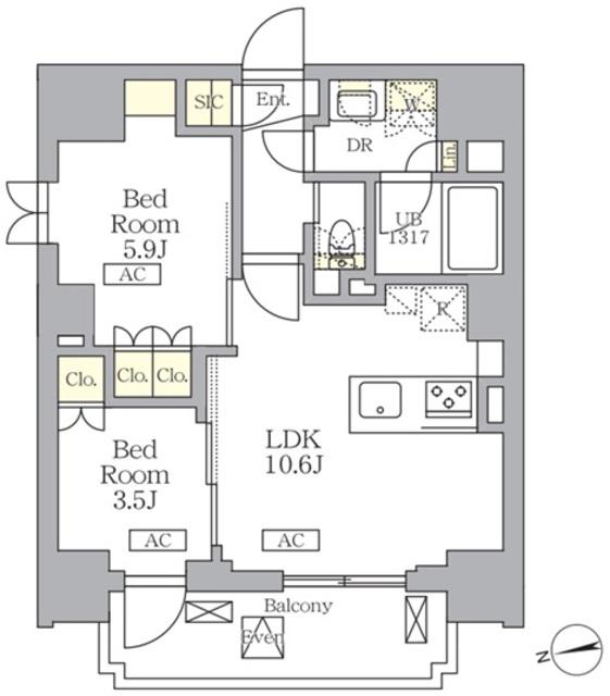 ザ・ライオンズフォーシア文京湯島(2LDK/4階)の間取り写真