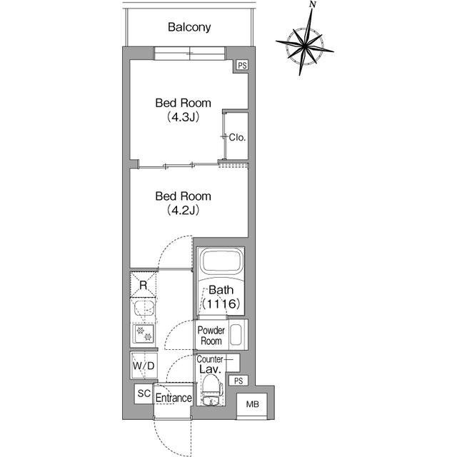 コンフォリア・リヴ東中野(2K/1階)の間取り写真